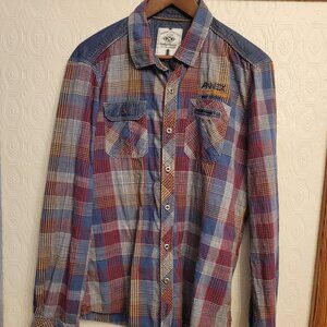 Premium Connection Patchwork Plaid Flannel Shirt Men's Large — Mixed Plaid Denim